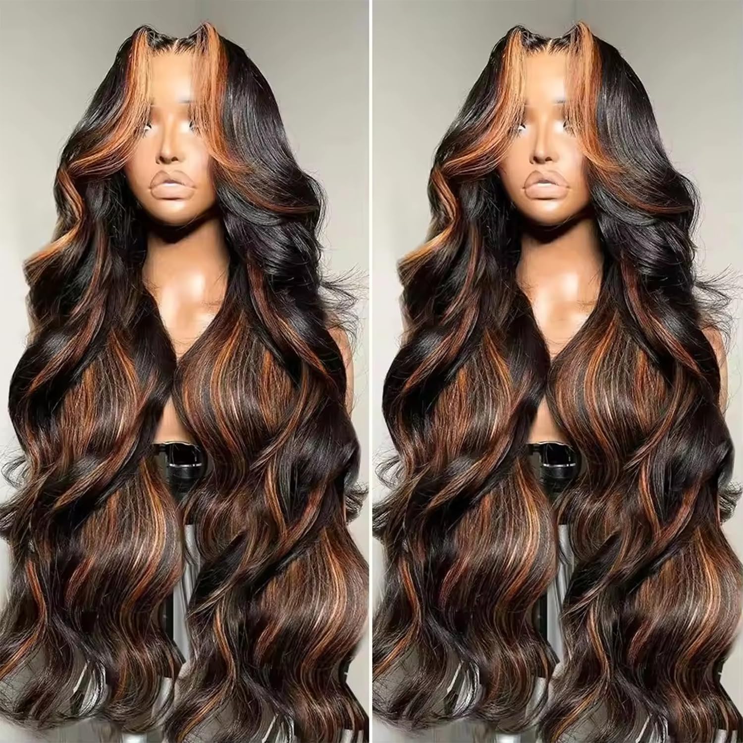 Blended Hair 28 Inch Highlight Ombre Lace Front Wig Wear and Go Glueless Wig 1B/30 Body Wave Wig Bio-Hybrid Memory Core™ Premium Fiber/Human Hair 220% Density