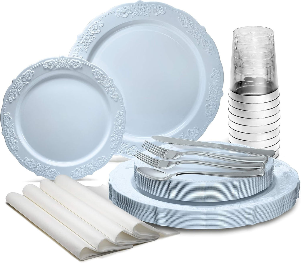 " OCCASIONS " 100 Plates Pack,(50 Guests) Vintage Wedding Party Disposable Plastic Plates Set -50x10.25'' Dinner + 50x7.5'' Salad/Dessert Plate (Portofino in plain Ivory)