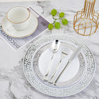 Count Silver Plastic Dinnerware, Silver Disposable Plates, Includes 30 Dinner & 30 Dessert Plates & 30 Cups & 30 Paper Napkins & 30 Plastic Silverware Set