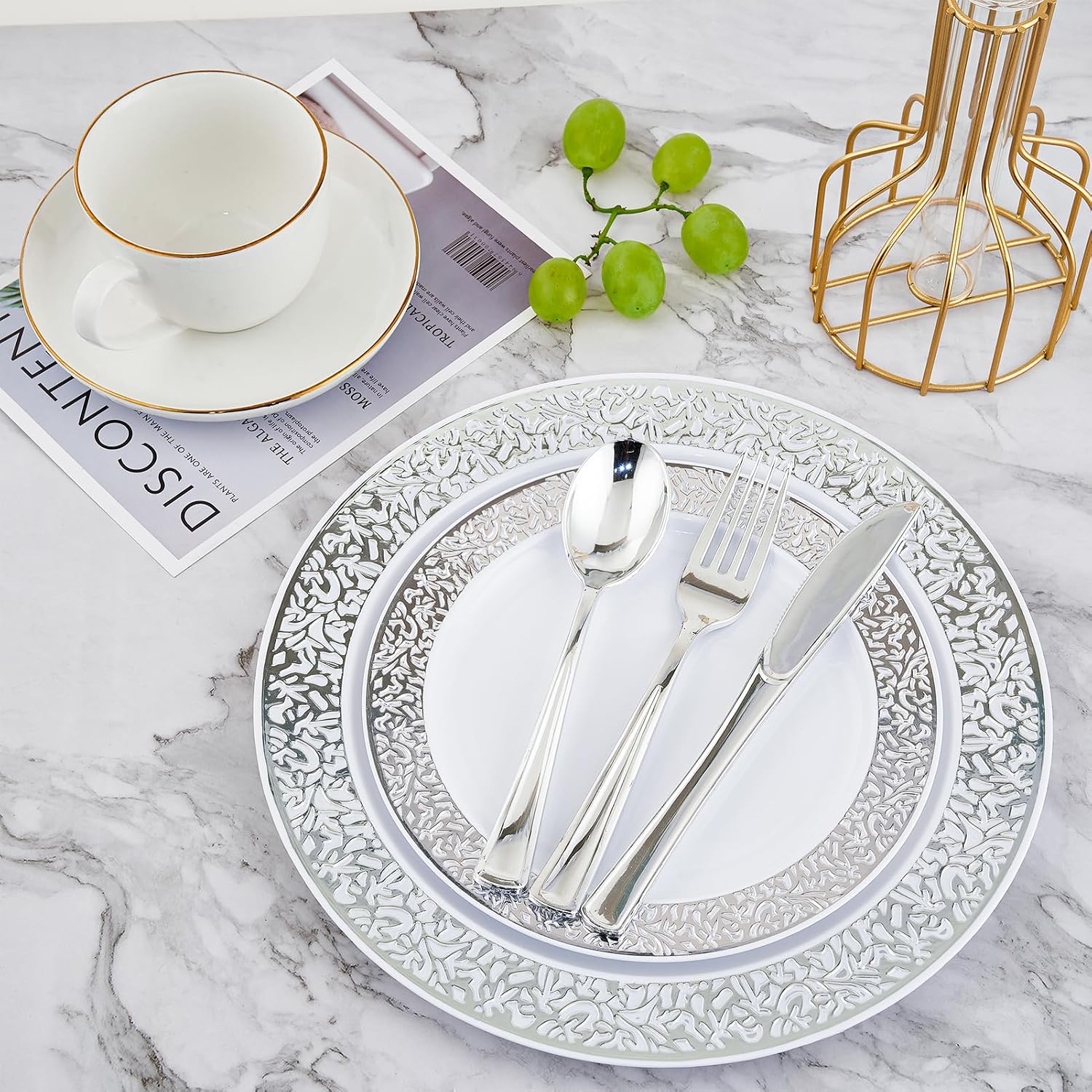 Count Silver Plastic Dinnerware, Silver Disposable Plates, Includes 30 Dinner & 30 Dessert Plates & 30 Cups & 30 Paper Napkins & 30 Plastic Silverware Set