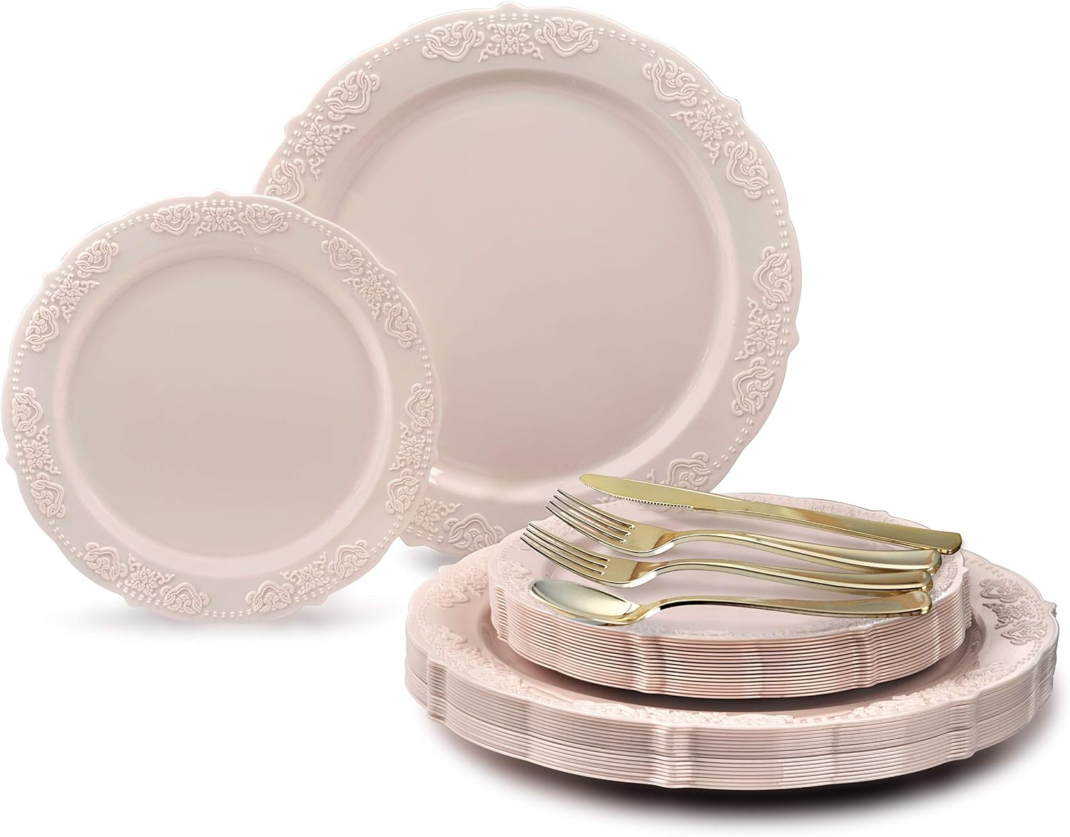 " OCCASIONS " 100 Plates Pack,(50 Guests) Vintage Wedding Party Disposable Plastic Plates Set -50x10.25'' Dinner + 50x7.5'' Salad/Dessert Plate (Portofino in plain Ivory)