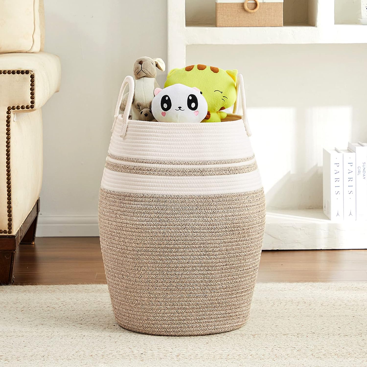 105L Extra Large Laundry Hamper Basket by Fiona's magic, Woven Tall Clothes Hamper for Storage Blanket, Toys and Dirty Cothes in Bedroom and Living Room Organizer, Brown & Black