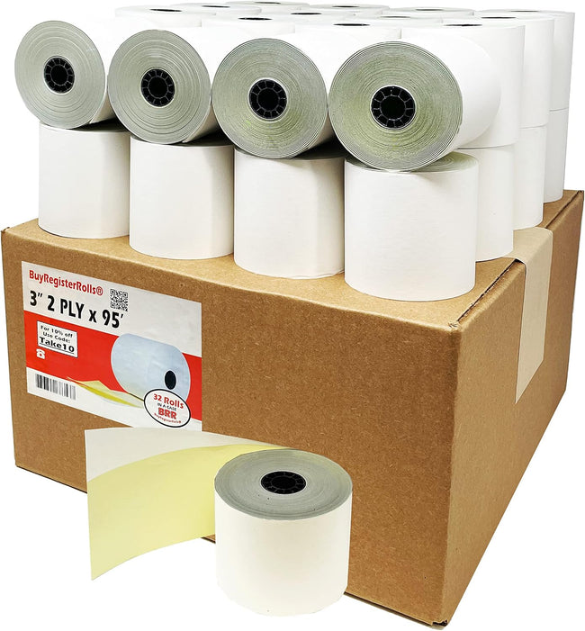 (32 Rolls) 2 Ply Carbonless Rolls 3" X 95 Feet White/Yellow Receipt Paper POS Cash Register Two Ply White/Canary for Star Micronics SP700 SP2000 UP389 Omni 480 TMU 220 250 Require Ribbons ERC30/34/38 Hover Image