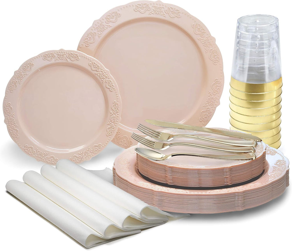 " OCCASIONS " 100 Plates Pack,(50 Guests) Vintage Wedding Party Disposable Plastic Plates Set -50x10.25'' Dinner + 50x7.5'' Salad/Dessert Plate (Portofino in plain Ivory)