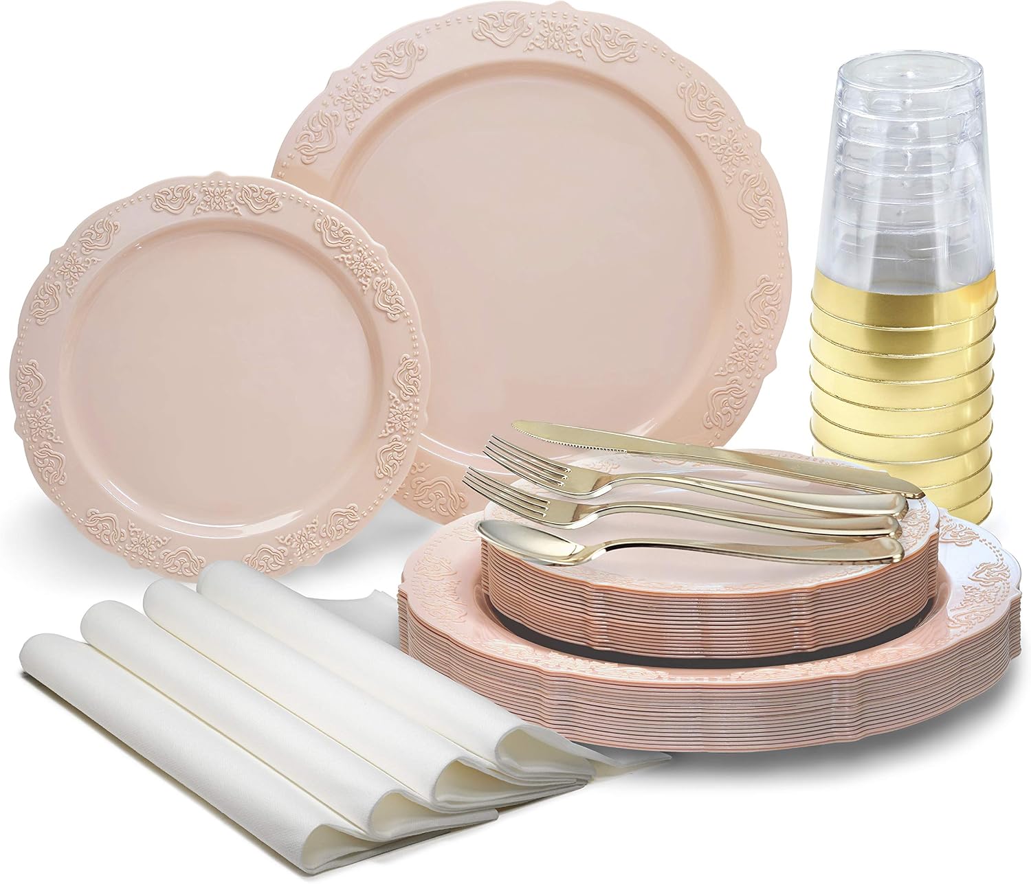 " OCCASIONS " 100 Plates Pack,(50 Guests) Vintage Wedding Party Disposable Plastic Plates Set -50x10.25'' Dinner + 50x7.5'' Salad/Dessert Plate (Portofino in plain Ivory)