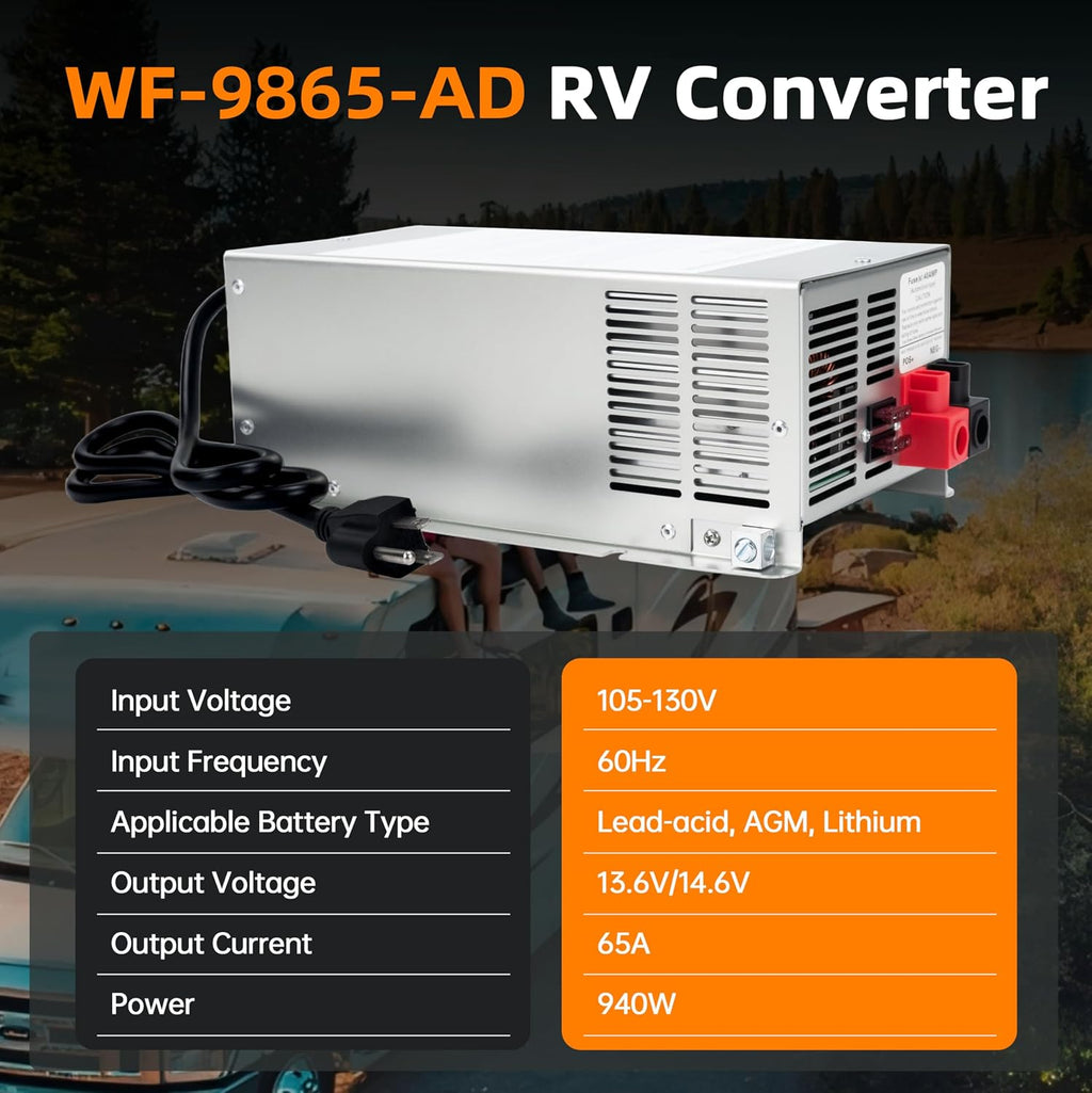 WF-9865-AD 65 Amp RV Power Converter Charger, Replace for RV Camper WF-9800 Series, WF-9865, WF-9865-AD, for Lead-Acid/Lithium Battery Three-Stage Charge Rv Converter 65 Amp