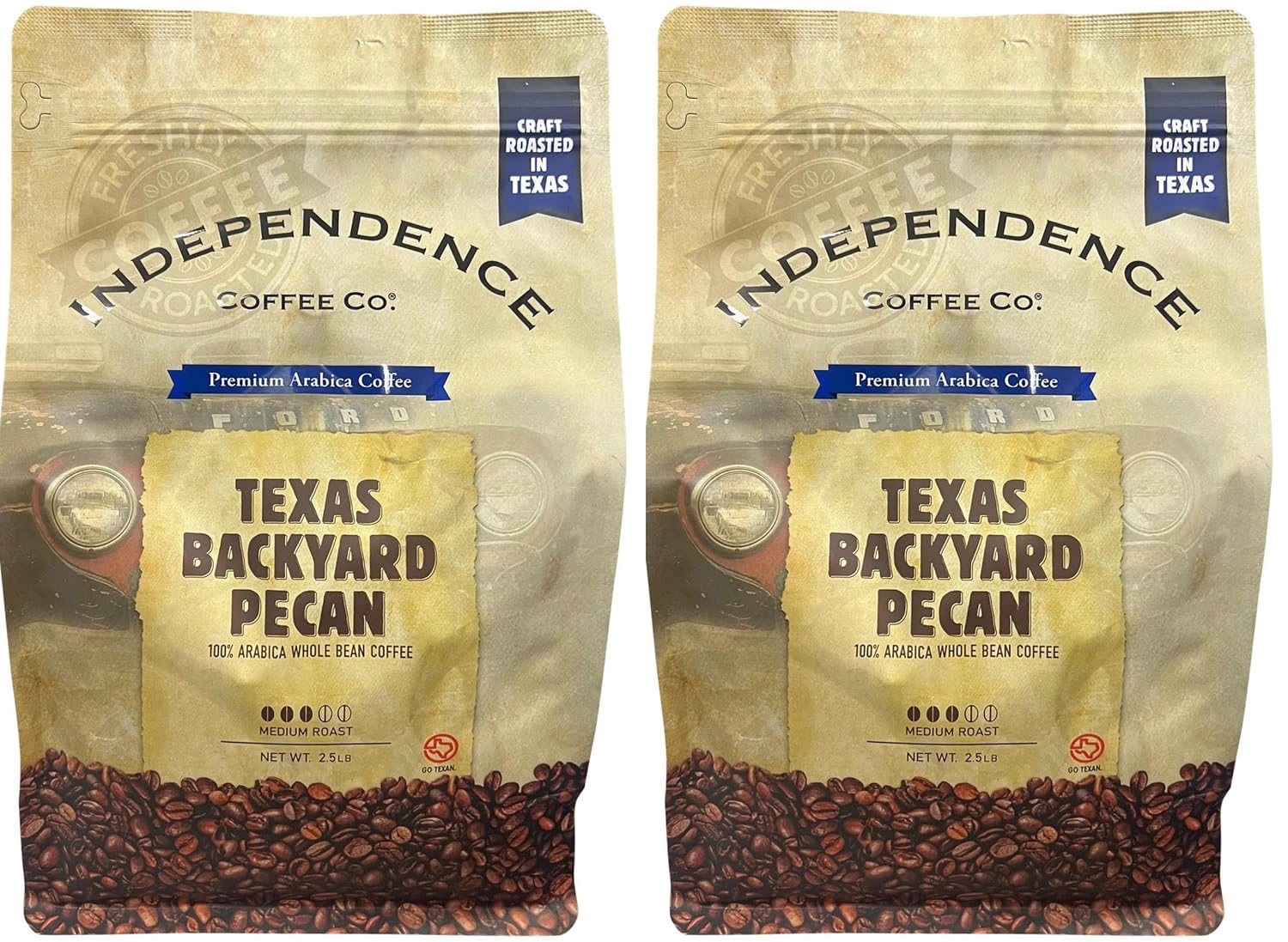 (Pack of 2) Independence Preminum Arabica Coffee, Texas Backyard Pecan, 100% Arabica Whole Bean Coffee, Medium Roast, Net Weight 2.5 LB