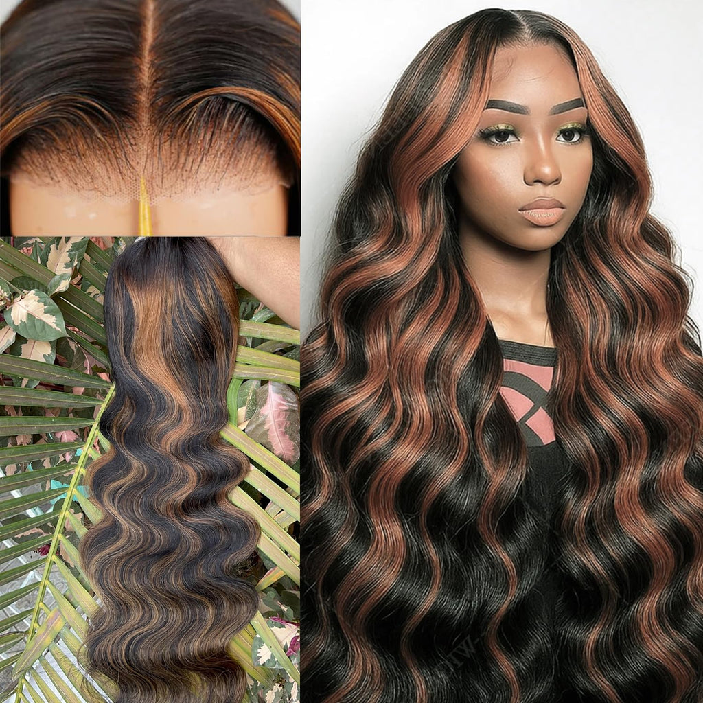 Blended Hair 28 Inch Highlight Ombre Lace Front Wig Wear and Go Glueless Wig 1B/30 Body Wave Wig Bio-Hybrid Memory Core™ Premium Fiber/Human Hair 220% Density