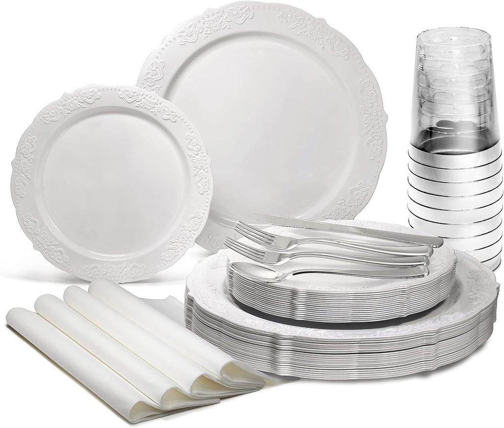 " OCCASIONS " 100 Plates Pack,(50 Guests) Vintage Wedding Party Disposable Plastic Plates Set -50x10.25'' Dinner + 50x7.5'' Salad/Dessert Plate (Portofino in plain Ivory)