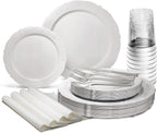 " OCCASIONS " 100 Plates Pack,(50 Guests) Vintage Wedding Party Disposable Plastic Plates Set -50x10.25'' Dinner + 50x7.5'' Salad/Dessert Plate (Portofino in plain Ivory)