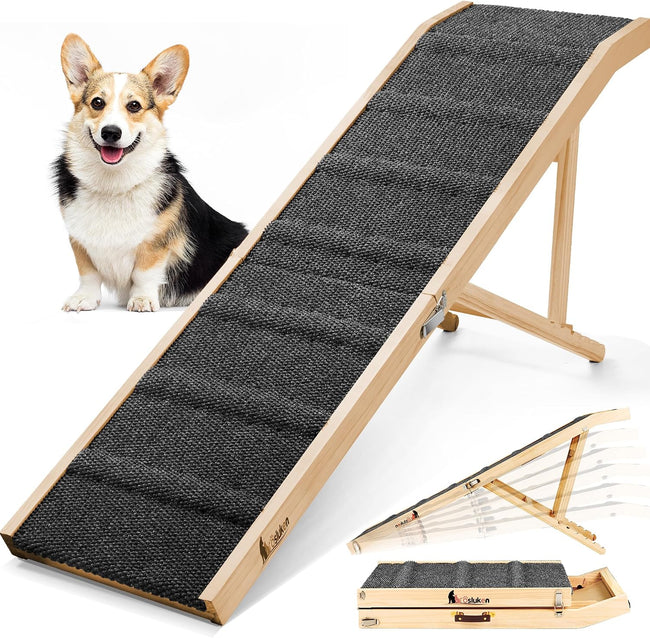Dog Ramp for Bed, 64" Long Foldable Pet Ramp for Small Large Dogs, Dog Ramps for High Beds Car, High Traction with Platform 6 Adjustable Heights 24" to 30" Up to 220LBS Black Hover Image
