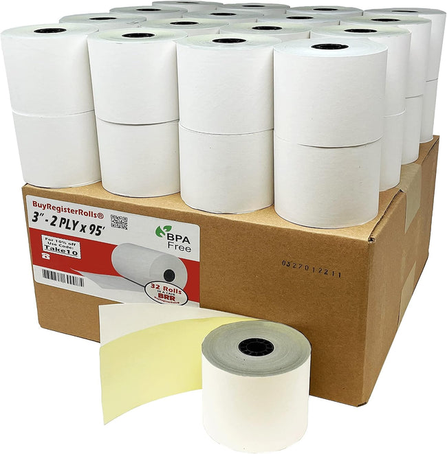 (32 Rolls) 2 Ply Carbonless Rolls 3" X 95 Feet White/Yellow Receipt Paper POS Cash Register Two Ply White/Canary for Star Micronics SP700 SP2000 UP389 Omni 480 TMU 220 250 Require Ribbons ERC30/34/38 Main Image