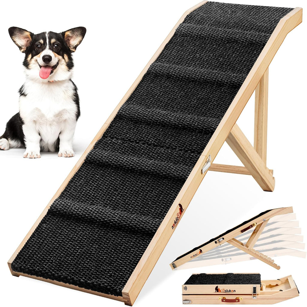 Dog Ramp for Bed, 64" Long Foldable Pet Ramp for Small Large Dogs, Dog Ramps for High Beds Car, High Traction with Platform 6 Adjustable Heights 24" to 30" Up to 220LBS Black