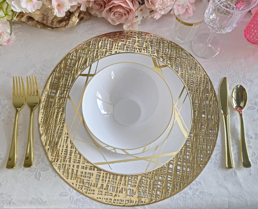 " OCCASIONS " 40 Pieces Pack Pressed Vinyl Metallic Placemats/Wedding Accent Centerpiece Placemat (Round Linen Gold)
