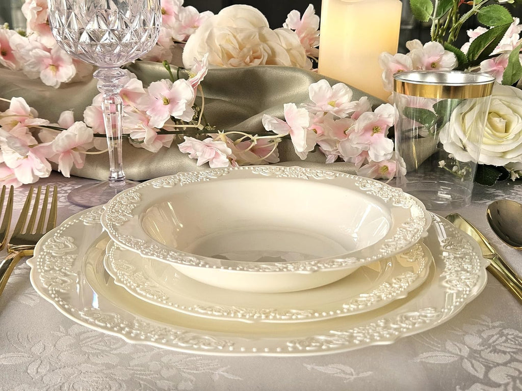 " OCCASIONS " 100 Plates Pack,(50 Guests) Vintage Wedding Party Disposable Plastic Plates Set -50x10.25'' Dinner + 50x7.5'' Salad/Dessert Plate (Portofino in plain Ivory)
