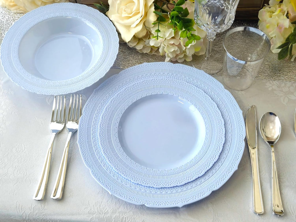 " OCCASIONS " 120 Plates Pack, Extra Heavyweight Disposable Vintage Wedding Party Plastic Plates (11'' Dinner Plate, Chateau in Blue)