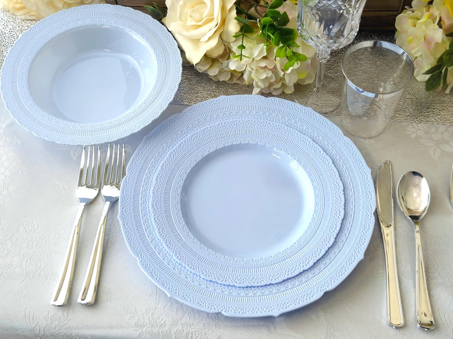 " OCCASIONS " 120 Plates Pack, Extra Heavyweight Disposable Vintage Wedding Party Plastic Plates (11'' Dinner Plate, Chateau in Blue)