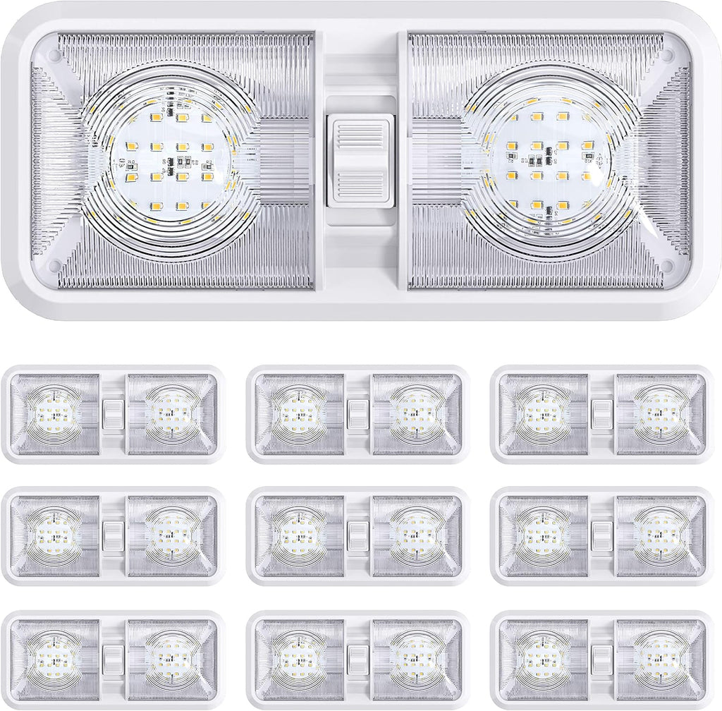 10 Pack RV LED Ceiling Double Dome Light Fixture with ON/OFF Switch Interior Lighting for Car/RV/Trailer/Camper/Boat DC 12V Natural White 4000-4500K 48X2835SMD