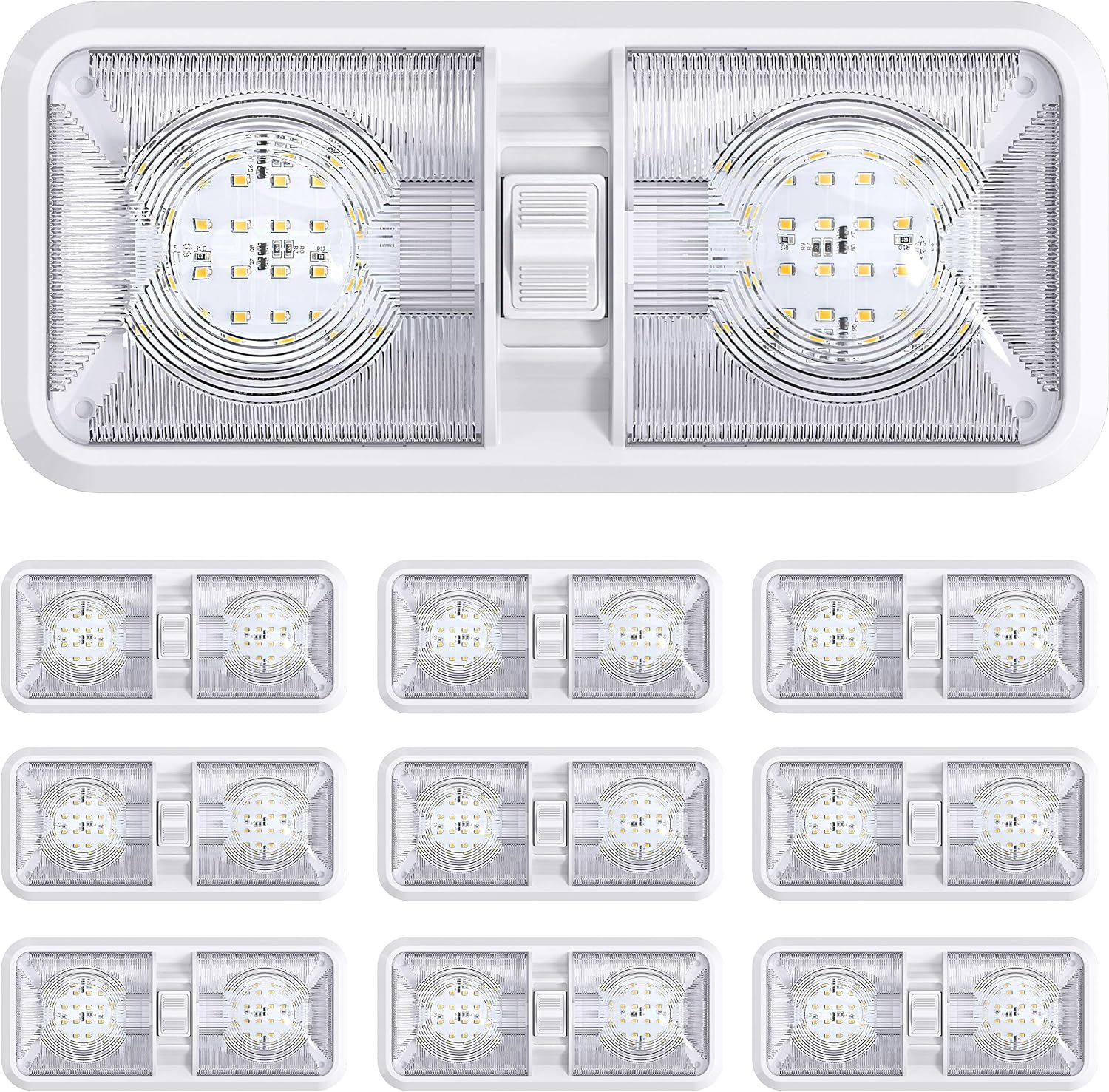 10 Pack RV LED Ceiling Double Dome Light Fixture with ON/OFF Switch Interior Lighting for Car/RV/Trailer/Camper/Boat DC 12V Natural White 4000-4500K 48X2835SMD