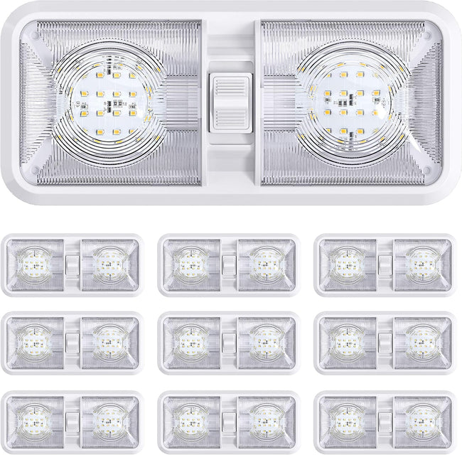 10 Pack RV LED Ceiling Double Dome Light Fixture with ON/OFF Switch Interior Lighting for Car/RV/Trailer/Camper/Boat DC 12V Natural White 4000-4500K 48X2835SMD Hover Image