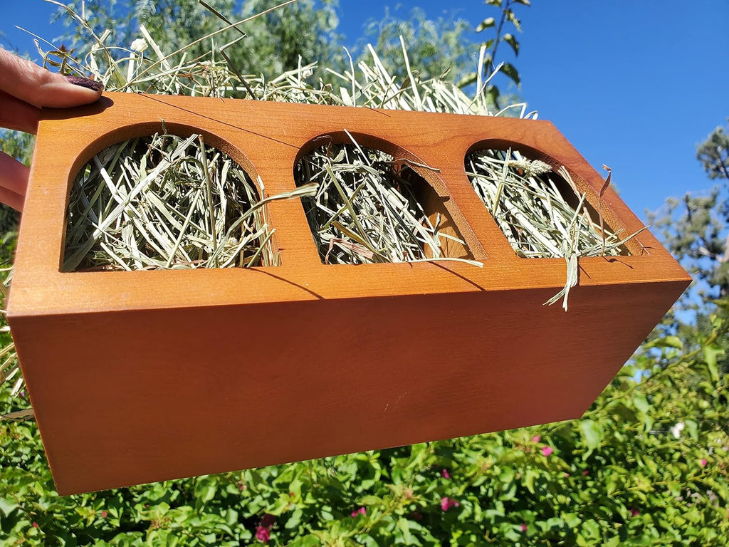 "Closed Bottom Hay Feeder Natural Pine Wood Arch Guinea Pig Hay Rack with Option to Attach to Cage (Warm Cherry with Bottom)