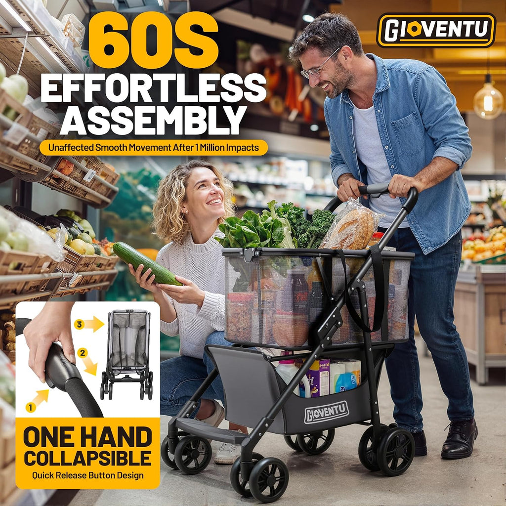 Folding Shopping Cart with Wheels, 80lbs Multi Use Grocery Carts with 360° Wheels & Removable Tote Bag, Multifunctional Portable Personal Shopping Carts for Groceries, Black