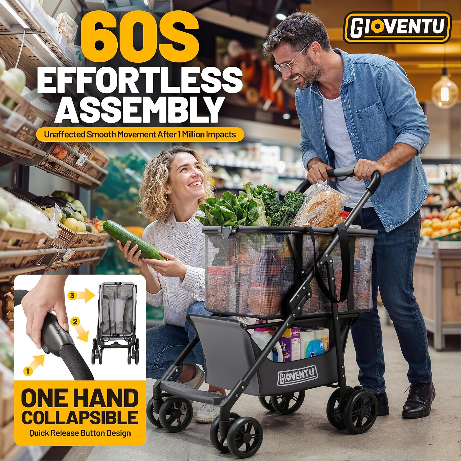 Folding Shopping Cart with Wheels, 80lbs Multi Use Grocery Carts with 360° Wheels & Removable Tote Bag, Multifunctional Portable Personal Shopping Carts for Groceries, Black