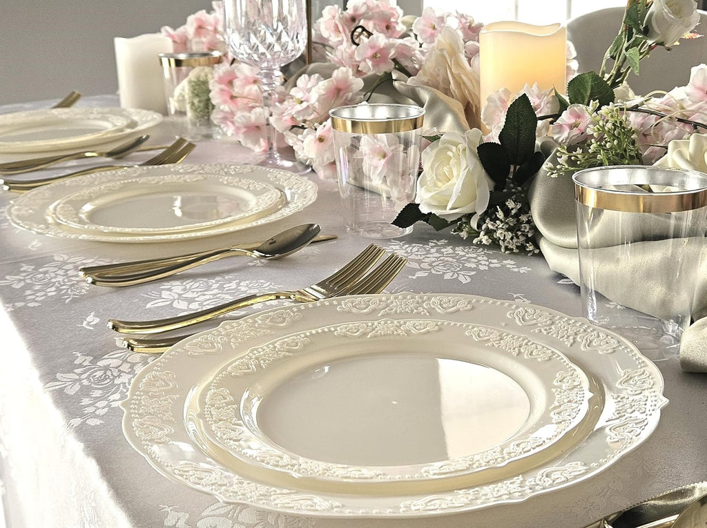 " OCCASIONS " 100 Plates Pack,(50 Guests) Vintage Wedding Party Disposable Plastic Plates Set -50x10.25'' Dinner + 50x7.5'' Salad/Dessert Plate (Portofino in plain Ivory)