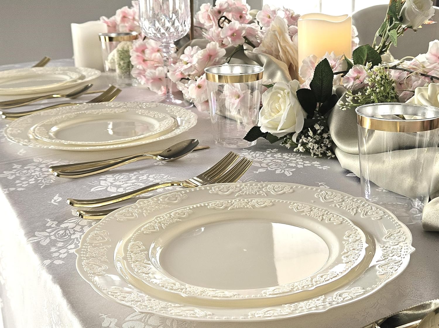 " OCCASIONS " 100 Plates Pack,(50 Guests) Vintage Wedding Party Disposable Plastic Plates Set -50x10.25'' Dinner + 50x7.5'' Salad/Dessert Plate (Portofino in plain Ivory)