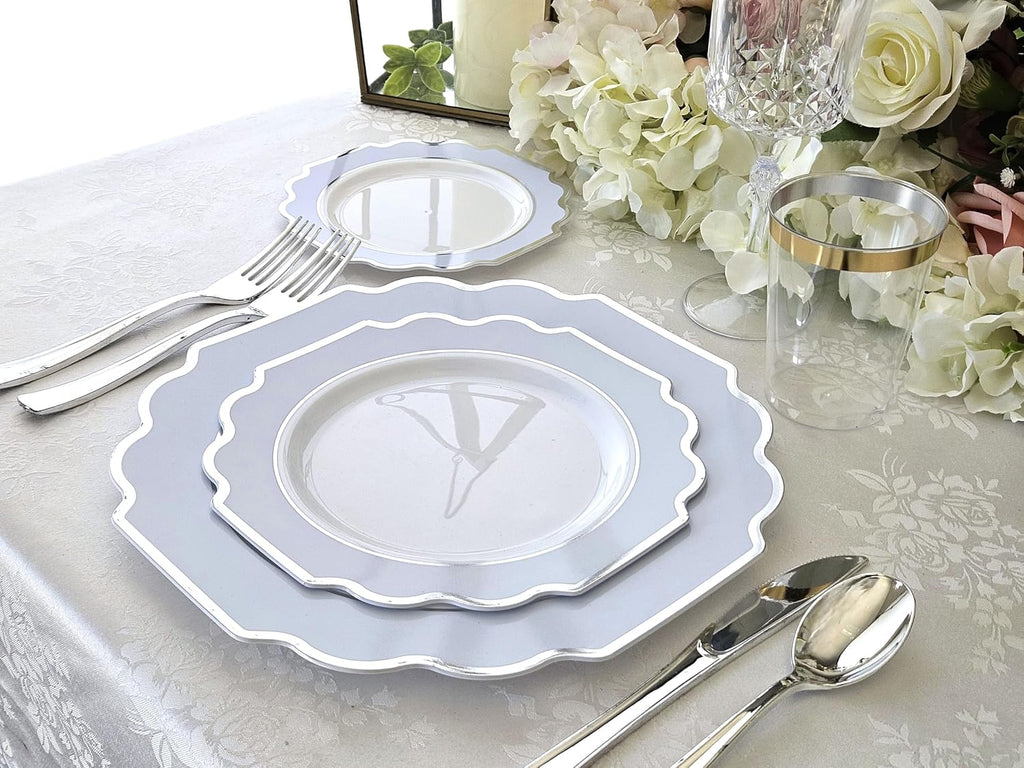 " OCCASIONS " 120 Plates Pack, Heavyweight Disposable Wedding Party Plastic Plates (6.5'' Cake/Dessert Plate, Imperial White/Blue & Silver)