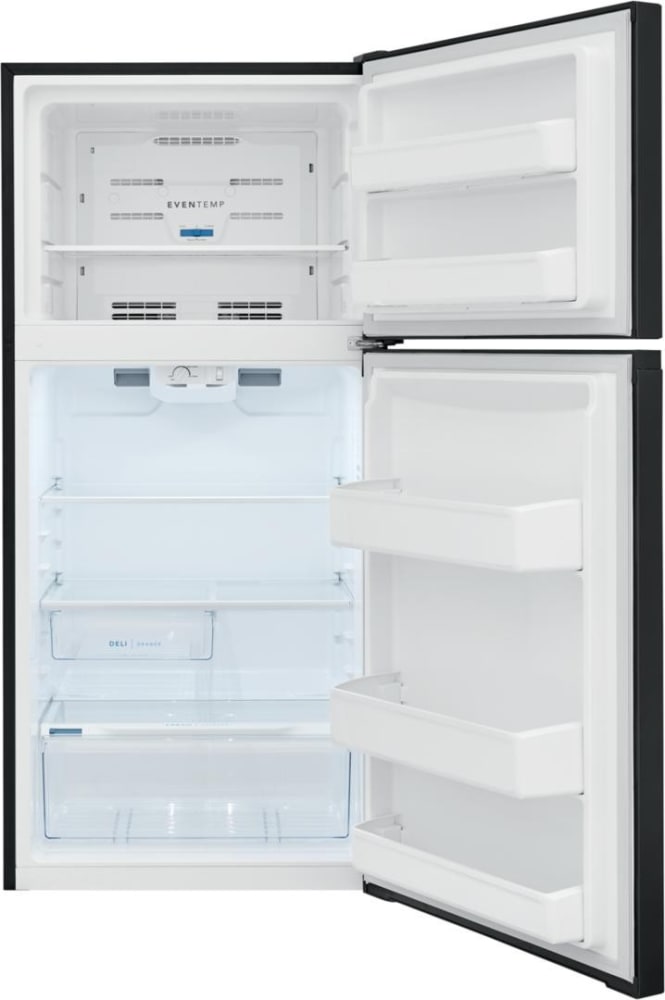 Frigidaire 28 Inch Top Freezer Refrigerator with 13.9 Cu. Ft. Capacity, Adjustable Glass Shelves, Humidity-Controlled Crispers, Half-width Deli Drawer, LED Lighting, EvenTemp® Cooling System, ADA Compliant, and ENERGY STAR Certified: Black